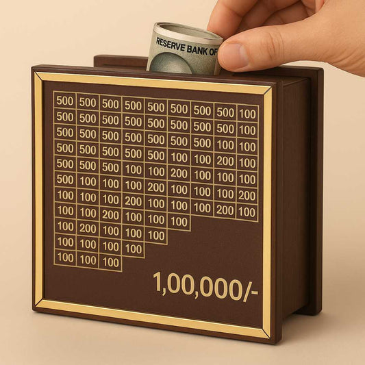 Premium Wooden 1 Lakh Money Saving Box with Gold Frame – Stylish Indian Currency Tracker Bank