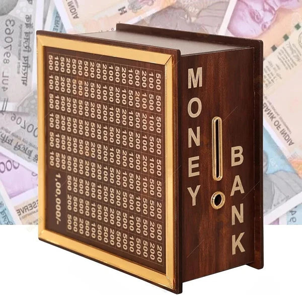 Premium Wooden 1 Lakh Money Saving Box with Gold Frame – Stylish Indian Currency Tracker Bank