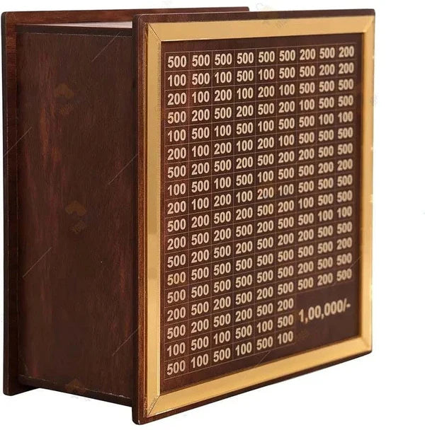 Premium Wooden 1 Lakh Money Saving Box with Gold Frame – Stylish Indian Currency Tracker Bank